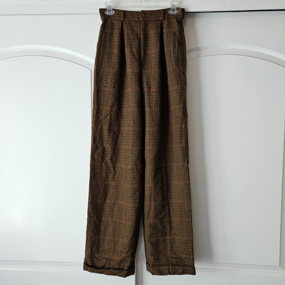 Calvin Klein Classifications Pants - Vtg Calvin Klein Classifications Wool Trousers Brown Plaid Pleated Pants 8 Union